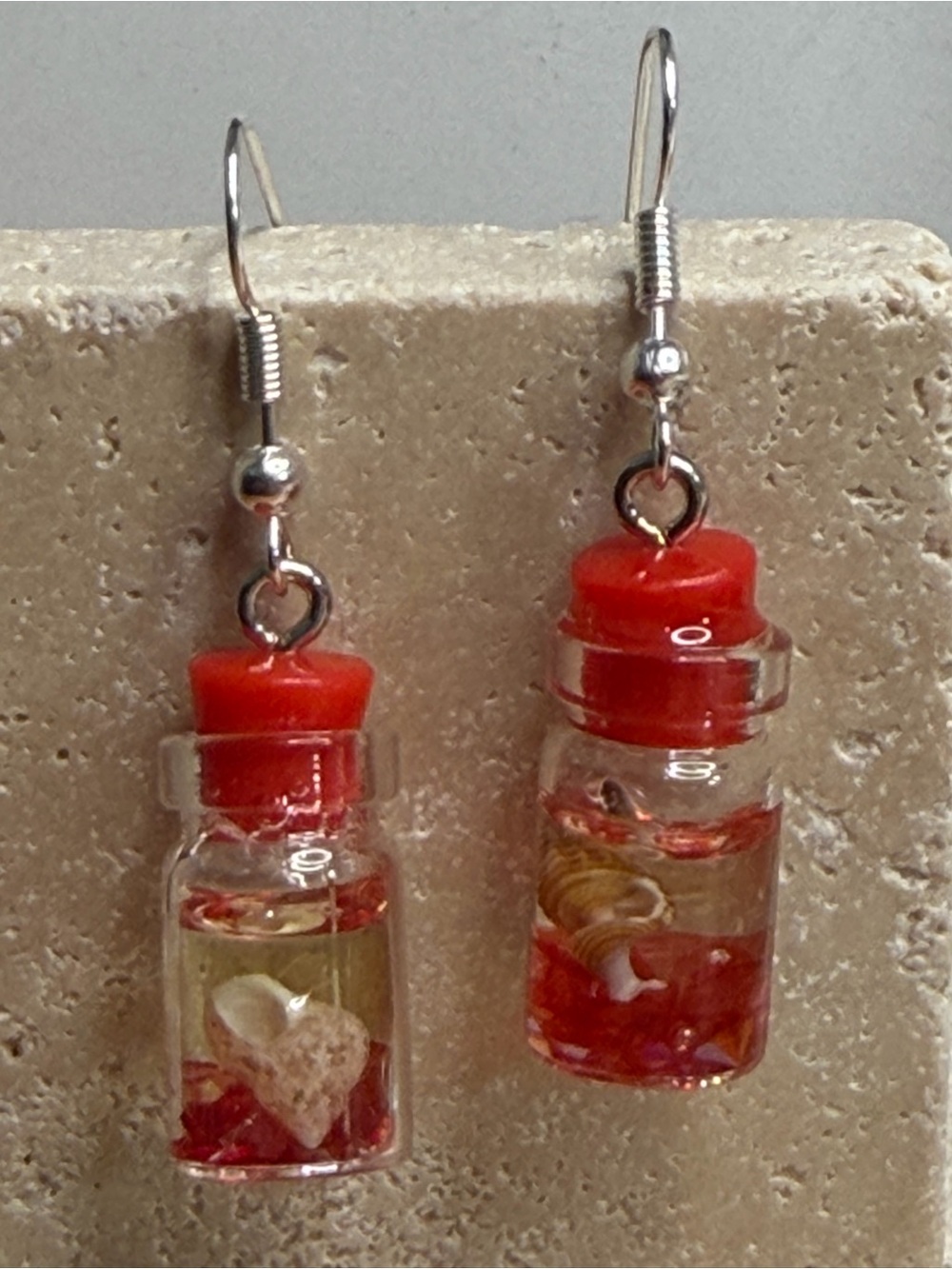 Red Miniature Bottle Earrings with Shell Accent - Women Jewelry